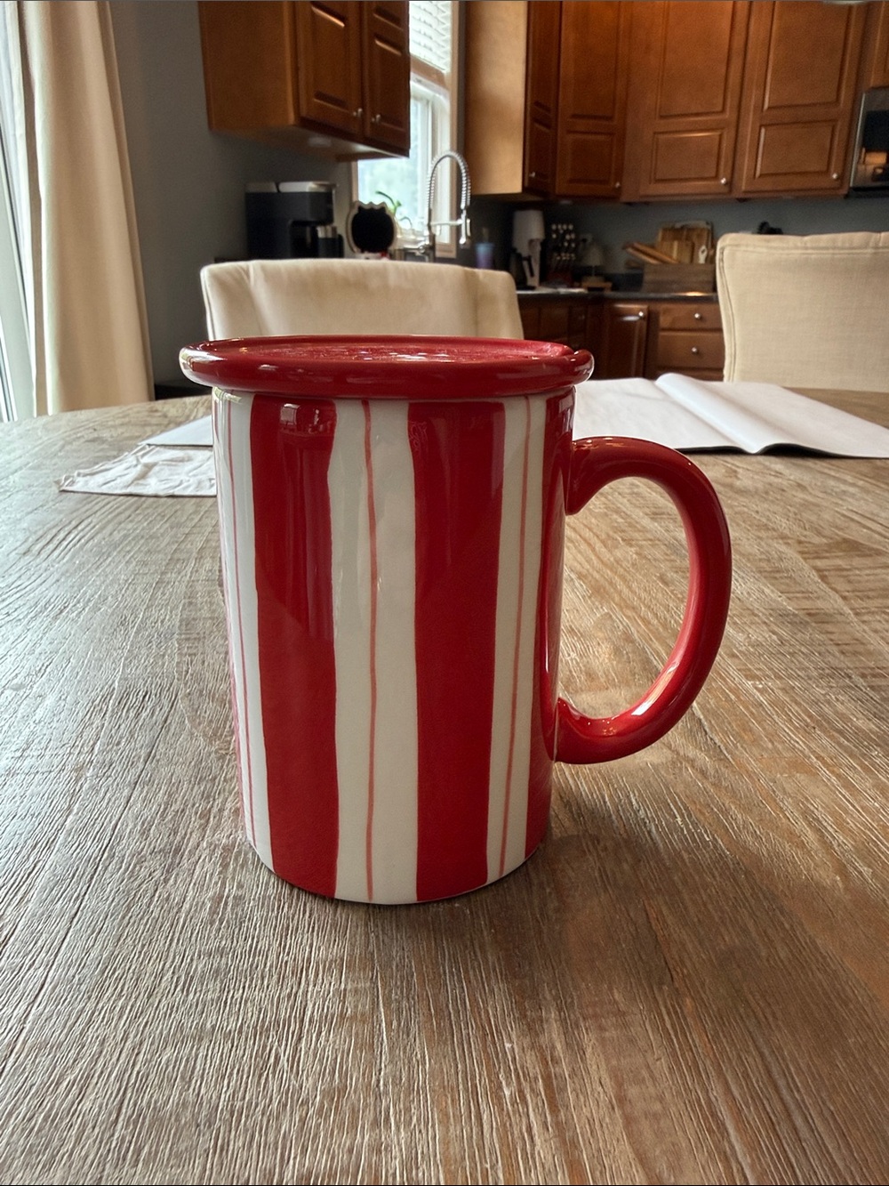 Department 56 Red and White Striped Ceramic Mug with Lid